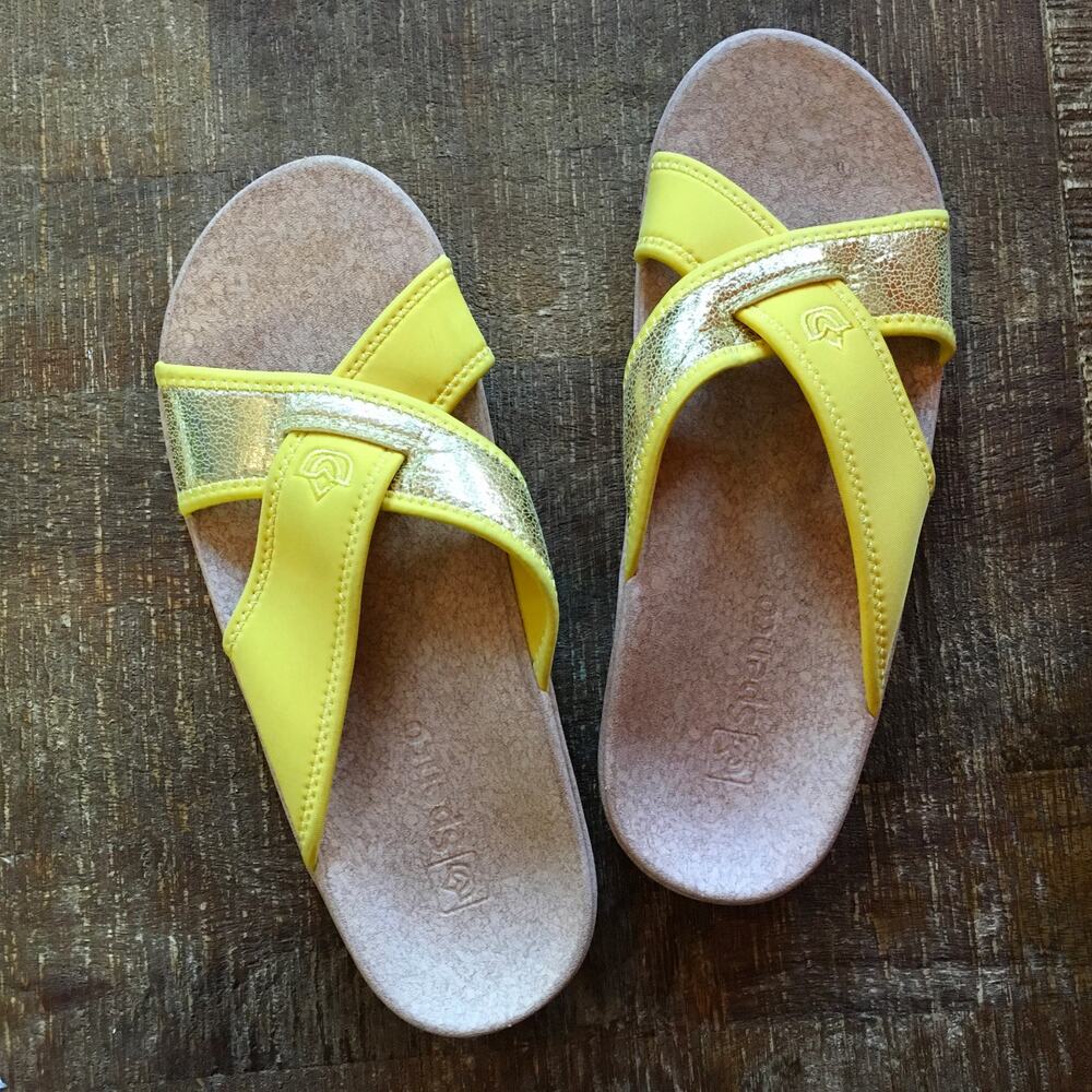 Spenco Lingo Orthotic Slide Sandals Womens 11 Sun Yellow Gold Metallic Comfort